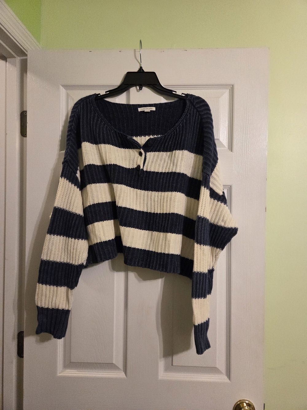 American Eagle Outfitters Navy and Cream Striped Cropped Sweater